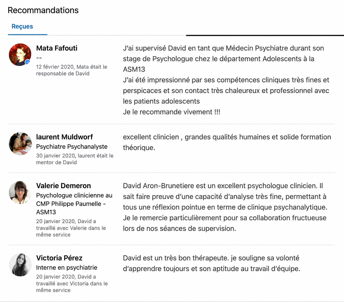 Capture de recommandations professionnelles reçues sur LinkedIn